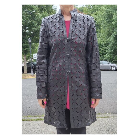 BARCELINO Vintage Genuine Lamb Cut Out Black Jacket Trench Coat - Picture 3 of 10